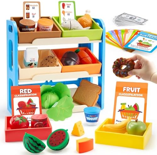 JOVA lalalark Play Food for Kids, Grocery Store Playset, Pretend Kitchen Food Toy with Storage Shelves & 6 Boxes, Sorting Sensory Toy for Boys Girls Birthday Gifts for Christmas by lalalark