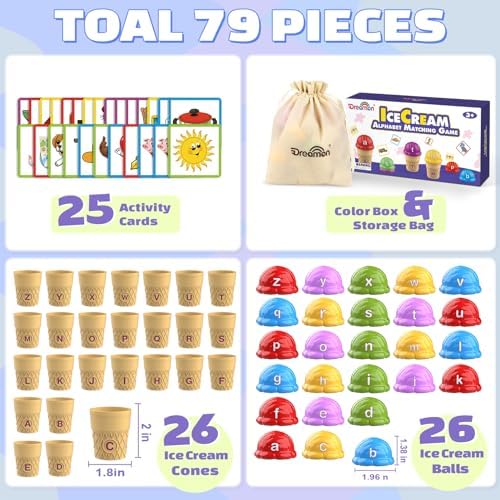 Ice Cream Color Sorting Toys for Toddlers, Montessori Learning Toys with ABC Letter Recognition Flash Cards for Preschool Kids (Alphabet) - Image 2