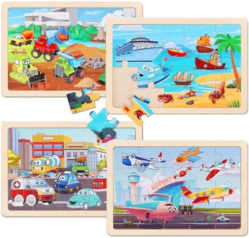 Wooden Educational Jigsaw Puzzles for Preschool Kids Ages 3-5, 4-Pack with 20 Pieces Transportation Wood Jigsaw Puzzles Set, Preschool Gifts for Boys Girls Ages 3 4 5 6 - Image 2
