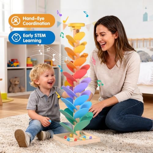 GOTOOFUN Wooden Marble Run Music Tree, Tumble Leaf Montessori Rainbow Singing Tree with Sound, Includes Top Storage Lid and 12 Wooden 2cm Balls, Color Sorting STEM Learning Toy, Gift for Kids - Image 3
