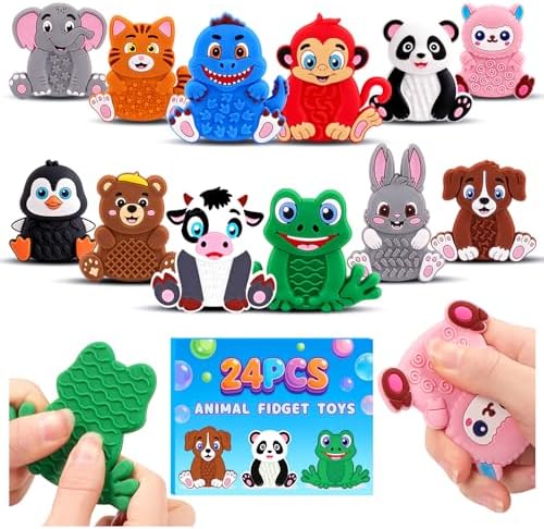 Silicone Sensory Fidget Toys for Kids Toddlers, 24 Pack Animal Texture Stress Relief Toys for Kids Autism Calming, Special Needs for Autism ADHD, Quiet Fidgets for Kids Classroom, Toddlers Travel Toys by KSMKY