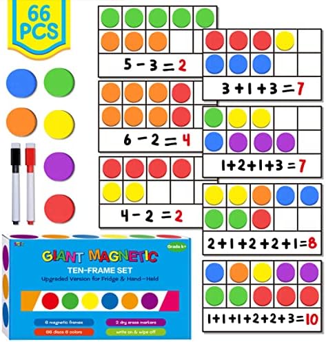 Magnetic Ten-Frame Set,6 Frames(with Blank Writing Space) and 66 Colorful Discs with 2 Markers (Upgraded Version for Fridge & Hand-held) by SpriteGru