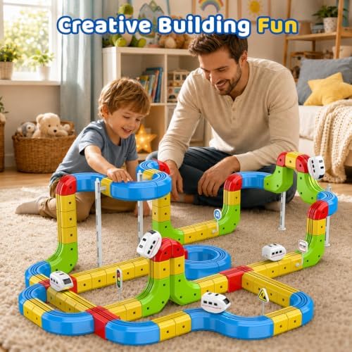 Electric Train Set for Kids Ages 4-8, 88 PCS DIY 3D Train Tracks Building Blocks, Kids' Electric Vehicles Race Car Toy, STEM Car Toys Birthday Gift for Boys Girls 3 4 5 6 7 8 9 Year Old - Image 5