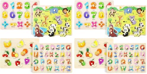 GRINNNIE Wooden Peg Puzzle for Toddlers 3 4 5 Years Old, 4 PCS Montessori Educational Learning Puzzles Set-Numbers, Letters, Animals and Fruits, Great Preschool Gifts for Girls and Boys (Pack of 2) by GRINNNIEWOODENTOYS