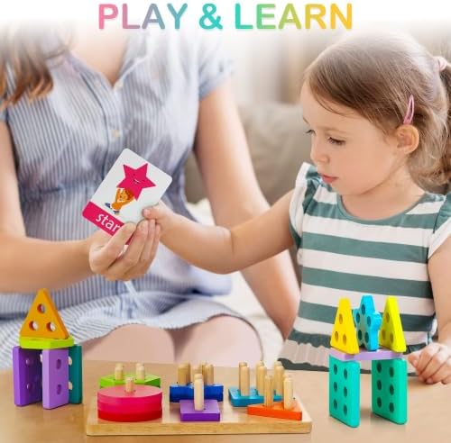 Wooden Sorting & Stacking Toys, Montessori Toys for 1 2 3 Years Old Toddlers, Shape Sorter Puzzles with 24-Piece Large Geometric Blocks & 12 Word Cards, Gift for 12+ Months Baby Boys Girls - Image 4