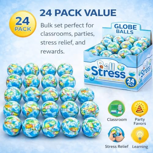 24 Pack - Globe Mini Soft Foam Earth Squeeze Balls, 2.5" Squeezable World Toy Stress Relief Bulk Educational Novelties for Kids, School, Classroom, Party Favors, Rewards - Image 6