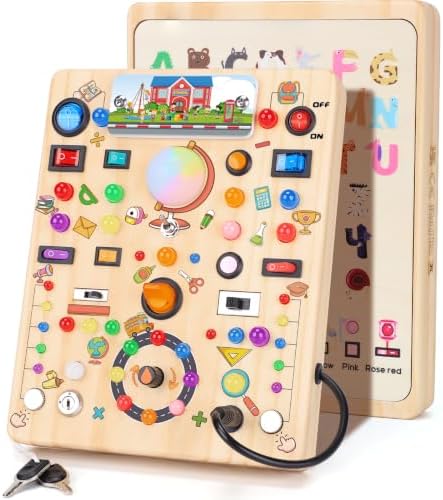 Busy Board with 19 LED Light Switches, Montessori Toys for 1 2 3 Years Old, Wooden Sensory Board, Toddlers Activity Travel Toys for 1 2 3 Year Old Boy & Girl Birthday Gift (Big School) by iHarPro