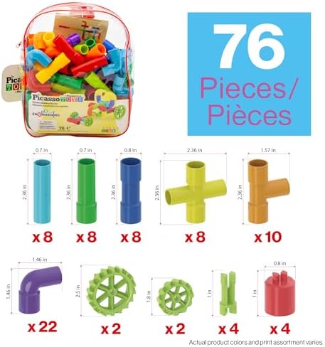 PicassoTiles 76PC STEM Pipe Building Interlocking Tube Construction Toy with Wheels and Storage Backpack Creative Educational Brain Development Learning Blocks for Kids Ages 3+ Boys and Girls PTT138 - Image 3