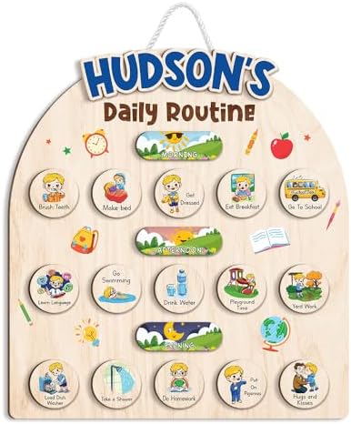 Wooden Chore Chart for Boys, Daily Routine Chart for Kids, Visual Schedule, Chore Reward Chart, Bedtime Morning Routine Chart for Toddlers (05) by LilaLand