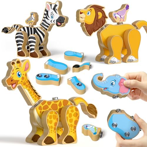 Coogam Wooden Snap Together Building Toy, Take Apart Construction Builders, Assembly Animal Building Blocks, STEM Fine Motor Learning Toy Gift for 3 4 5 Years Old Kids by Coogam