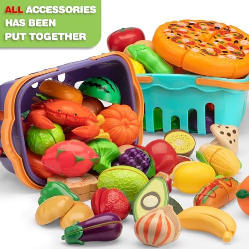 115 Pcs Cutting Play Food Toy for Kids with 2 Colors Storage Baskets - Image 5