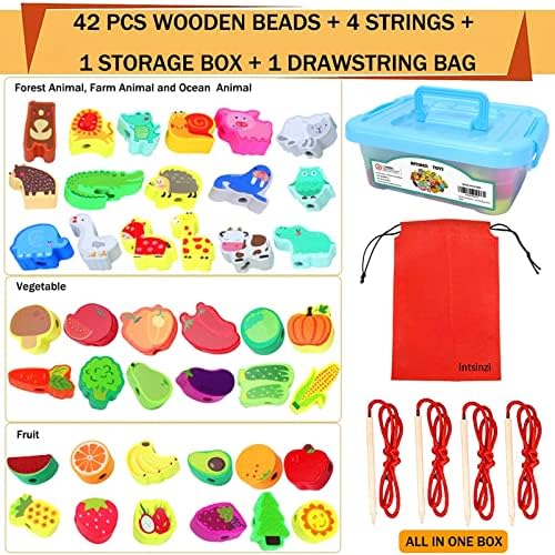 46 PCS Montessori Wooden Lacing Beads Toys for Toddlers,Educational Stringing Animals Fruits Farm Threading Beads Preschool Learning Toys for Kids 3 4 5 6 Year Old Boys Girls… - Image 2