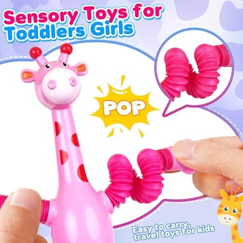 Giraffe Sensory Travel Toys 4Pcs for Road Trip Car Ride Airplane Toddler Girl Year Old Ages 3 4 5 6 7 8, Suction Autism Pop Tube Fidget Toy Autistic Valentines Day Stocking Easter Basket Stuffer Gift - Image 3
