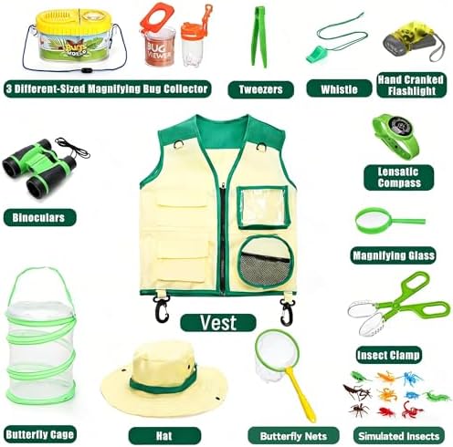 Coloch 24 Pieces Kids Outdoor Explorer Kit & Bug Catcher Kit, Bug Catching Kit with Vest, Hat, Organizing Bag, Butterfly Net, Compass and Bug Collectors - Image 2