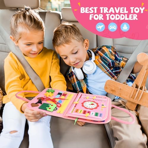Children Busy Board, Montessori Sensory Toys for Boys, 3-8 Year Old Girl Kids Travel Toys, Educational Learning Activities Board for Motor Skills, Birthday Gifts for Airplane Car, Pink - Image 6