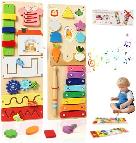 Montessori Busy Board for Toddlers 1-3, 2 Pcs Wooden Sensory Activity Board by YGJT