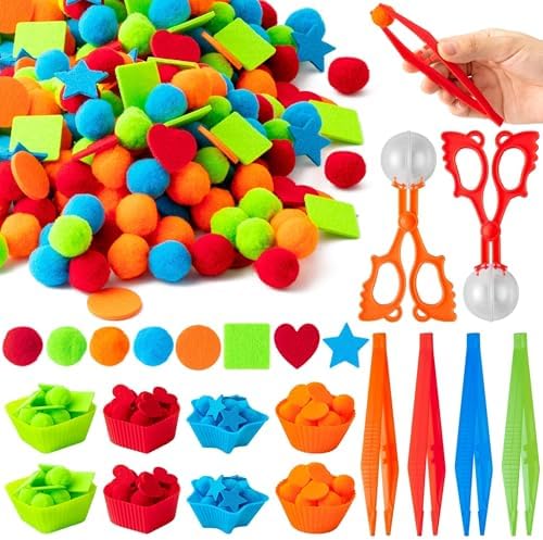 EZdhuawuse Shape Sensory Bin Fillers - 295P Summer Shape Fine Motor Skills Toys Counting Sorting Set for Kids Early Education, Felt Decor Pom Poms Cup Clip for Preschool Counting Sorting Birthday Gift by EZdhuawuse