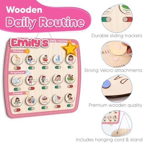 Personalized Wooden Chore Chart for Kids, Daily Routine Chart for Toddlers, Visual Schedule for Kids Age 3-5, Morning Bedtime Routine for Girls (09) - Image 6