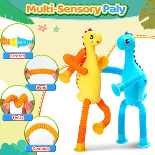 4Pcs Dinosaur Airplane Travel Car Ride Toys for Toddlers Kids Boys Girls Sensory Suction Cup Tube ADHD Autism Road Trip Car Activities Essential Stocking Easter Basket Stuffer Valentines Gift - Image 3