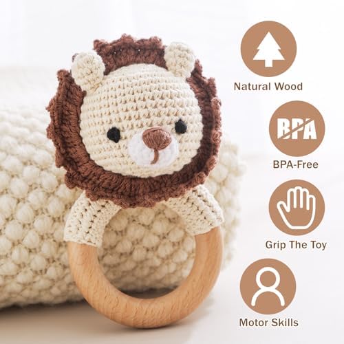 Wooden Baby Lion Rattle Toy, Newborn Animal Rattle - Image 2