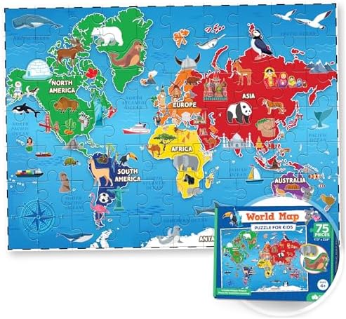 World Map Puzzle for Kids - 75pc World Puzzle with Continents, Landmarks - Childrens Jigsaw Geography Puzzles for Kids Ages 4-8, 5, 6, 7, 8-10 Year Olds - Globe Atlas Puzzle Maps Learning Games Gifts by MomoNashi