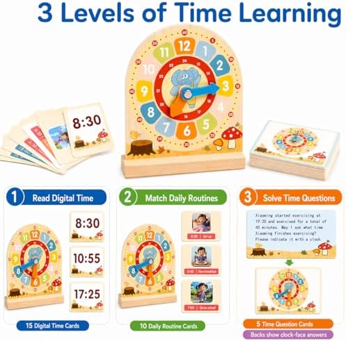 Busaurus Wooden Teaching Clock with 30 Cards for Kids - Image 4