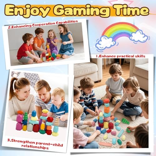 MEGRANATE 58PCS Montessori Wooden Stacking Rocks Toys Colorful Stacking Stones Building Blocks Games Sensory Toy for Kids Educational Learning Toys for 3+ Years Old Kids - Image 6