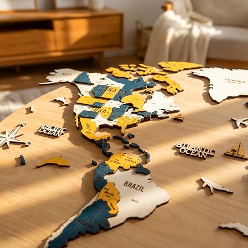 Colorfull Worlds 3D Wooden World Map Wall Art | Unique Wall Decor with Pins for Travel Enthusiasts | Home and Office Wall Décor | Gold-Blue | Medium - Image 5