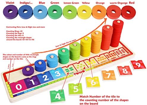 TOWO Wooden Counting Ring Stacker, 45 Rings Number Blocks Toy - Image 5