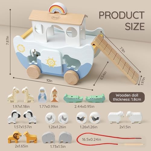 Joyreal Wooden Noah's Ark Toy for 1 Year Old Baby Boy and Girl Baptism Gift - Image 3