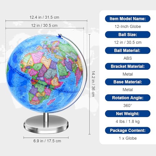 World Globe for Children and Adults, 12 inch Educational Spinning Earth Map with Stand, Self-Assembled Interactive World Globes for Kids Learning, Classroom, Students Desk, Room and Office Decor - Image 2