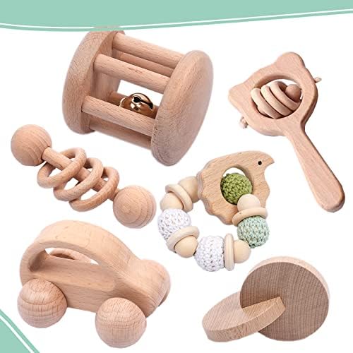 6 Pieces Toy Set- Wooden Baby Toys for Babies 0-6 Months,Wooden Toys for Babies Rattles with Bells,Wooden Rattles Push Car,Wood Rattle Toys Gifts for Boys Girls,Montessori Toys for Babies 0-6 Months by YunHeXinQiaoToysFactory