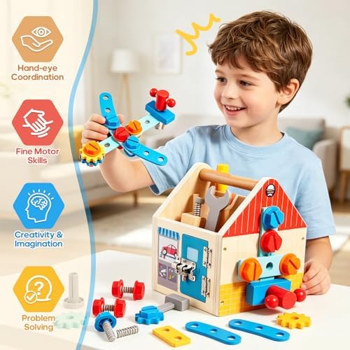 Wooden Toddler Tool Bench with Construction Tools, Screws, Gears & Latches - Image 2
