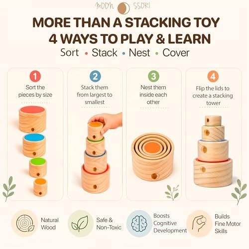 Wooden Stacking Cups for Toddlers 1-3 – Montessori Baby Toy for Sorting, Nesting & Stacking, Natural Wood Learning Toy for Fine Motor Skills - Image 5