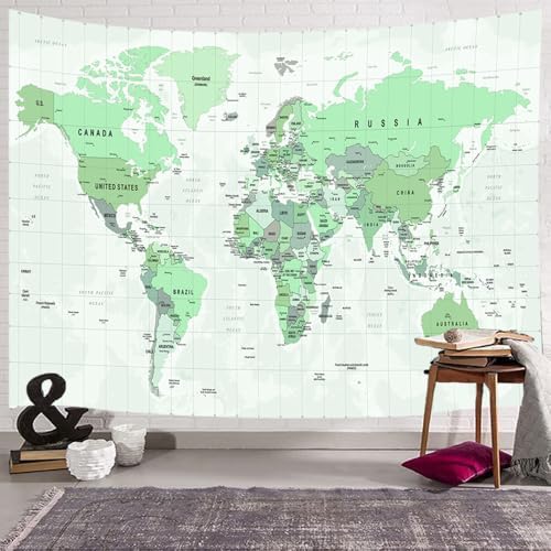 World Map Tapestry for Kids Student, World Map with Countries and Major Cities Tapestries Educational Asia Europe South City Topography America Africa Japan Wall Tapestry 71X60 Inch(Green) - Image 3
