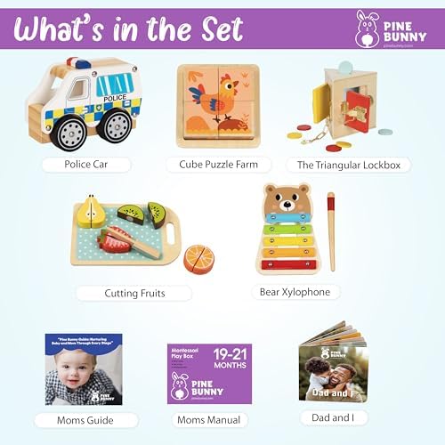 Pine Bunny Montessori Wooden 10-in-1 Toy Set for 19+ Months, Police Car, Triangular Lockbox, Cutting Fruits, Farm Cube Puzzle, Bear Xylophone, Educational Learning Problem Solving Music Toddler Toys - Image 2