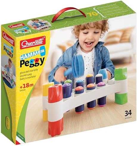 Quercetti: Hammer Peggy - Classic Peg Pounding Bench Toy, Interactive & Colorful, Raise & Lower The Sturdy Board, Cause-Effect Play, Toddler-Kid 18mo+ by Quercetti