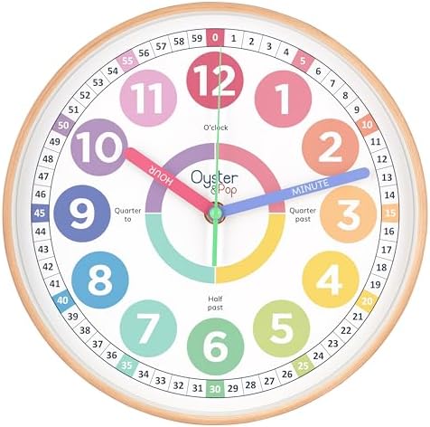 Oyster&Pop Pastel Kids Wall Clock - Silent 10" Analog Learning Clock by OysterPop