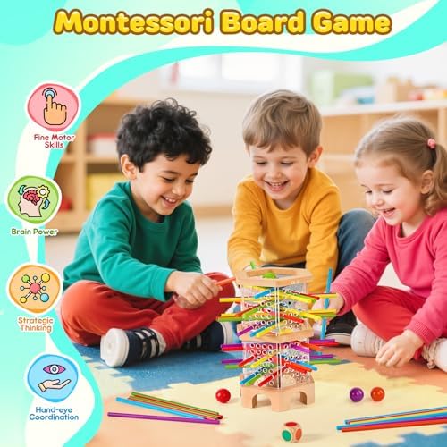Montessori Wooden Board Game with 42 Sticks & Dice for Kids Ages 3-6 - Image 2