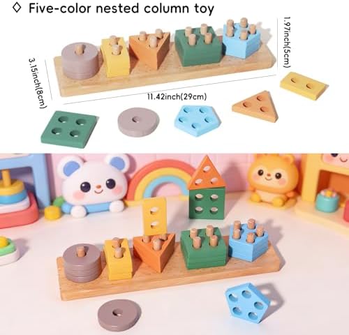BESTAMTOY 5 in 1 Wooden Educational Learning Toy Set, Montessori Toys for 1 2 3 Year Old,Baby Rain Stick Sensory Fine Motor Skills Toys, Shape Sorter Stacking Puzzle Gifts for Toddlers Boys Girls - Image 5
