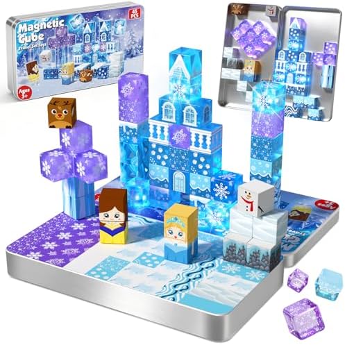 Magnetic Blocks, 45pcs Travel Toys Building Set with Magnetic Tin Box, Transparent & Light Up Magnet Cubes for Blue Snow Castle Build, Princess Toy Birthday Gift for Kid Girl 3+ by Magneverse