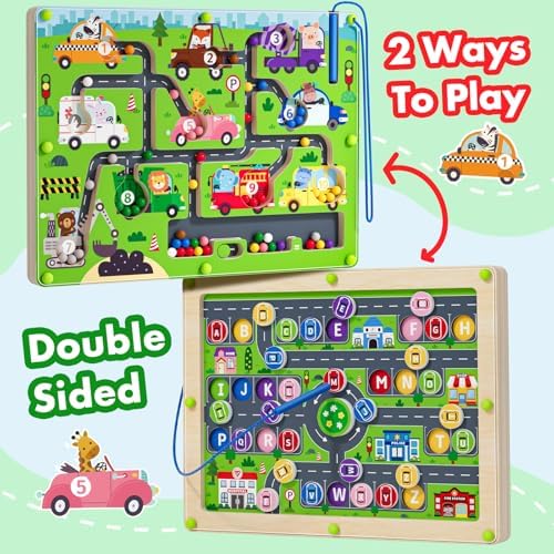 Magnetic Maze 2 in 1 Double Side Color and Number Maze Alphabet Puzzle Board for 3-5 Boys and Girls Kids Montessori Educational Toys (Car, One Size) - Image 2