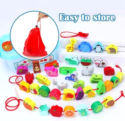 46 PCS Wooden Lacing Beads,Animals Fruits Threading Toys - Image 5