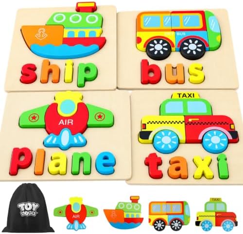 TOY Life Toddler Puzzles Ages 2-4, 4 Vehicles with Spelling Wooden Puzzles for Toddlers 3-5, Montessori Toys Gifts for 1 2 3 Years Old Boys Girls, Christmas Birthday Gifts Learning Toys for Kids by TOYLife