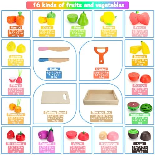 Wooden Play Food for Toddlers, Fruits & Veggies Toy for Kids Play Kitchen - Image 2