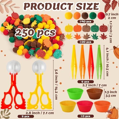 EZdhuawuse Fall Sensory Bin Fillers Toys- 267Pcs Thanksgiving Gifts Fine Sorting Stacking Motor Toys for Kids, Autumn Glitter Felt Maple Leaf Pumpkin Sorting Activity for Preschool Early Development - Image 2