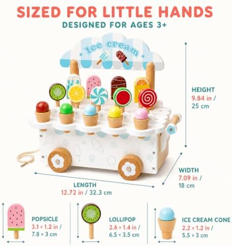 Wooden Ice Cream Cart Toy, Montessori Pretend Play Food Set with Popsicles, Lollipops & Ice Cream Cones, Pull Along Dessert Stand, Fine Motor Skills Gift for Toddlers Kids Ages 3+ - Image 4