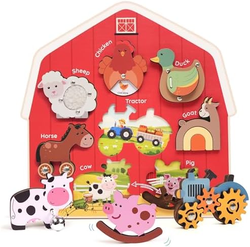 KALOTOYS Wooden Farm Animal Puzzle for Toddlers 1-3 – 8 Piece Montessori Sound & Sensory Puzzle with Textures & Spinning Tractor Gears – Fine Motor Learning Toy & Autism-Friendly Baby Gift by KALOTOYS