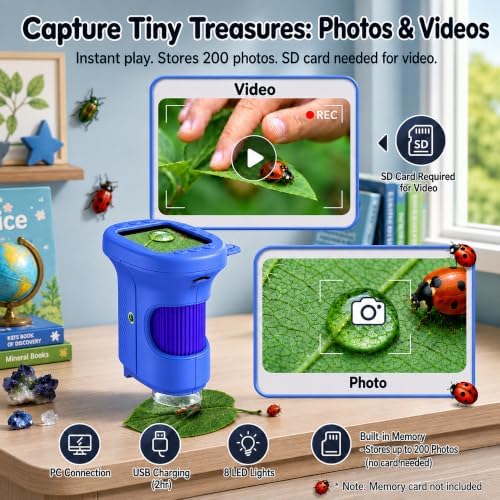 Kids Microscope, 1000X Handheld Digital Pocket Microscope with 2.4" IPS Screen & 8 LEDs, Rechargeable STEM Educational Science Toy for Outdoor Exploration, Gift for Boys Girls Age 4-12, Blue - Image 3