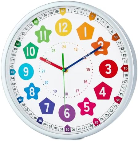 HZDHCLH Kids Wall Clock for Learning to Tell Time 12 Inch Silent Non Ticking Analog Clock with Colorful Shape Numbers Battery Operated Educational Clock for Classroom, Bedroom, Homeschool(Silver) - Image 2